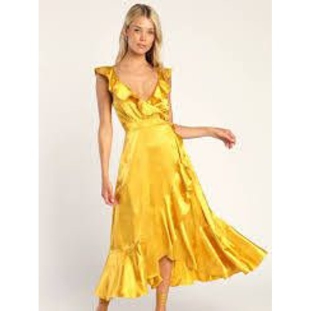 Lulus Mustard Yellow Satin Floral Jacquard Ruffle Wrap Midi Dress Large